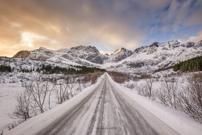 snowy road to Nusfjord, Lofoten, Norway