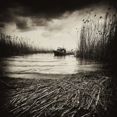 boat in the lake in black&white