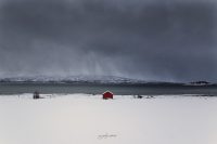 little ret hut in snow, lofoten, norway