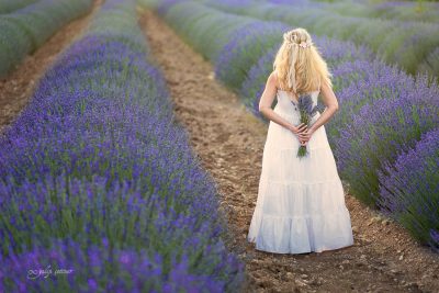 the beautiful girl is standing in the lavender field